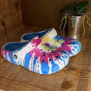 CROCS Pink and Blue Mules Vibrant Tie-Dye Clogs